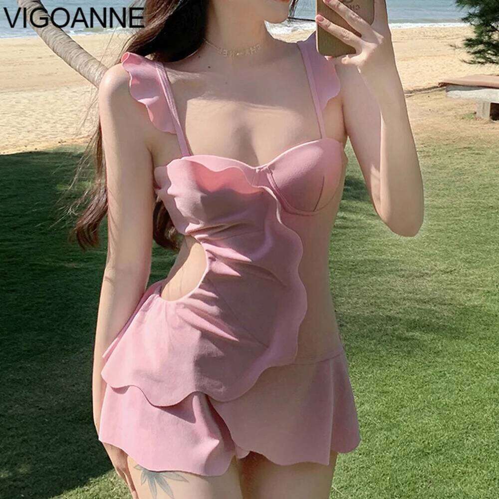 VigoAnne Pink Verge Dress Swimwear Women 2026 Strapped Hollow Push Up Swimsuit Korean Monokini Backless Bathing Suit 26H0313