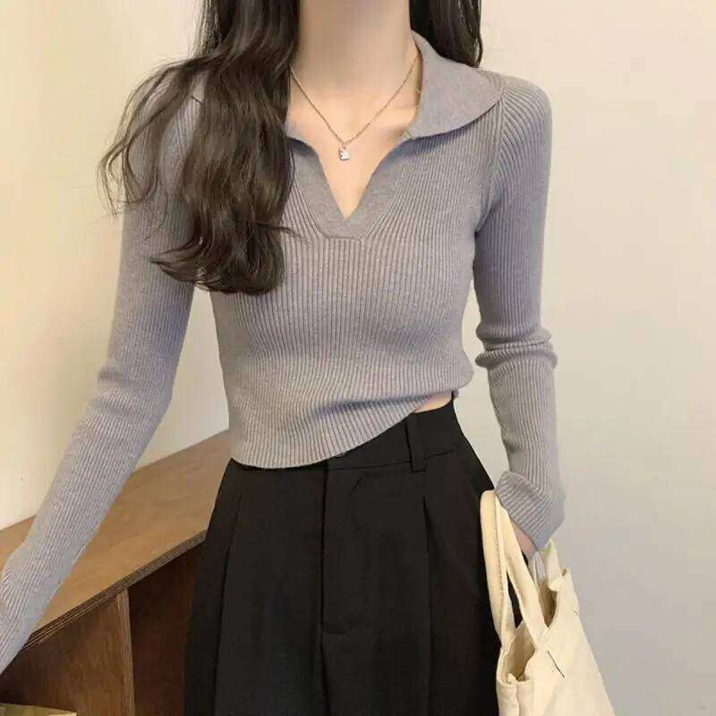 2024 Autumn New V-neck Inner Wear Women's POLO Neck Knitted Sweater Pullover Slim-fitting Long-sleeved Versatile Commuter Top Z260313
