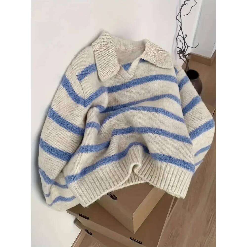Women's Fashion Casual POLO Collar Striped Knitted Hoodie Soft and Comfortable Intercolor Sweater Z260313