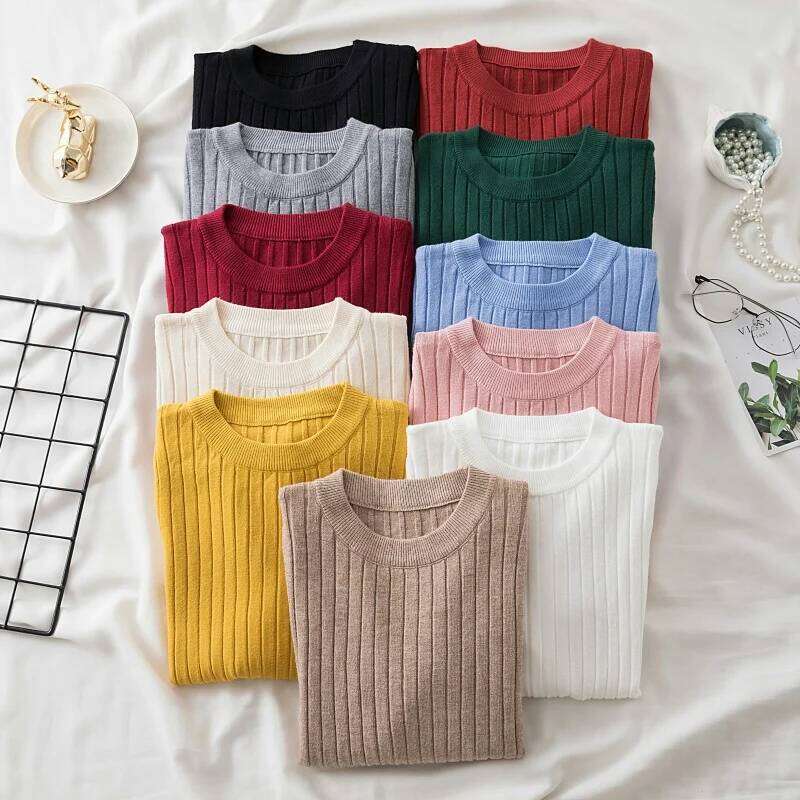 Pullovers Women Sweaters Knit Soft Jumper Autumn Winter 2025 Tops O-Neck Ribbed Long Sleeve Korean Slim-fit Female Sweater Z260313