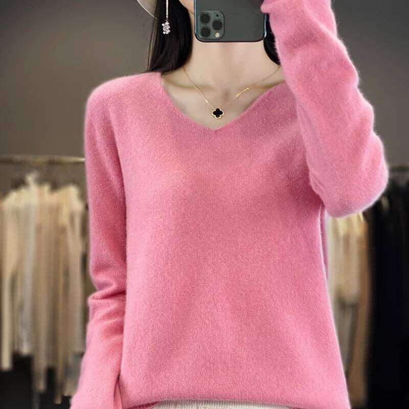 Women 100% Merino Wool Sweater V-Neck Basic Pullover Autumn Winter Cashmere Clothing Long Sleeve Soft Knitwear Tops Solid Color Z260313