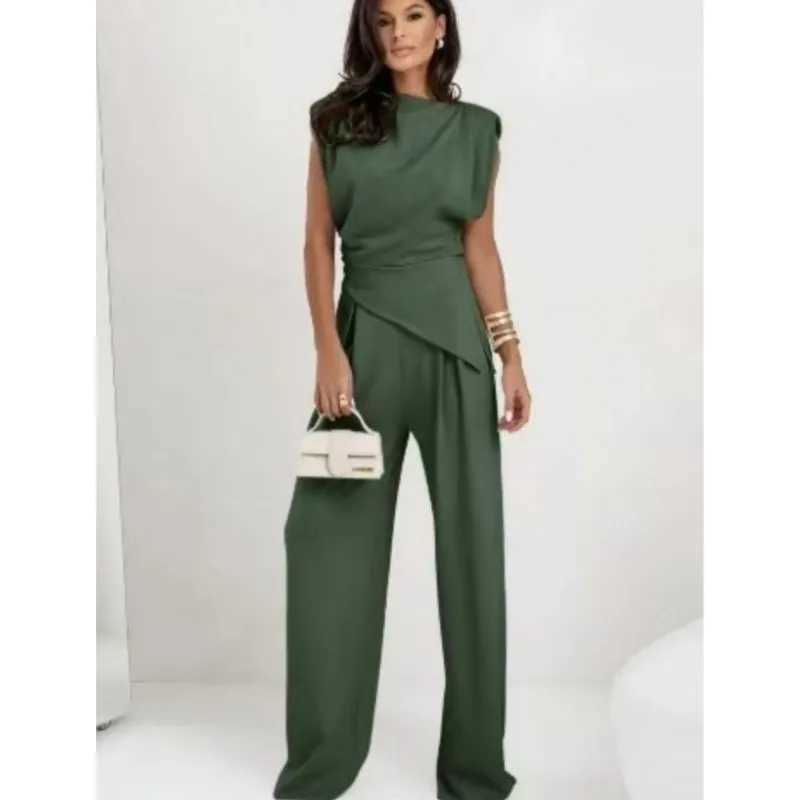 Women Fashion High Street Irregular Outfit Elegant Straight Commuting Set Simple Solid Color O Neck Sleeveless Top Pants Suit M260313