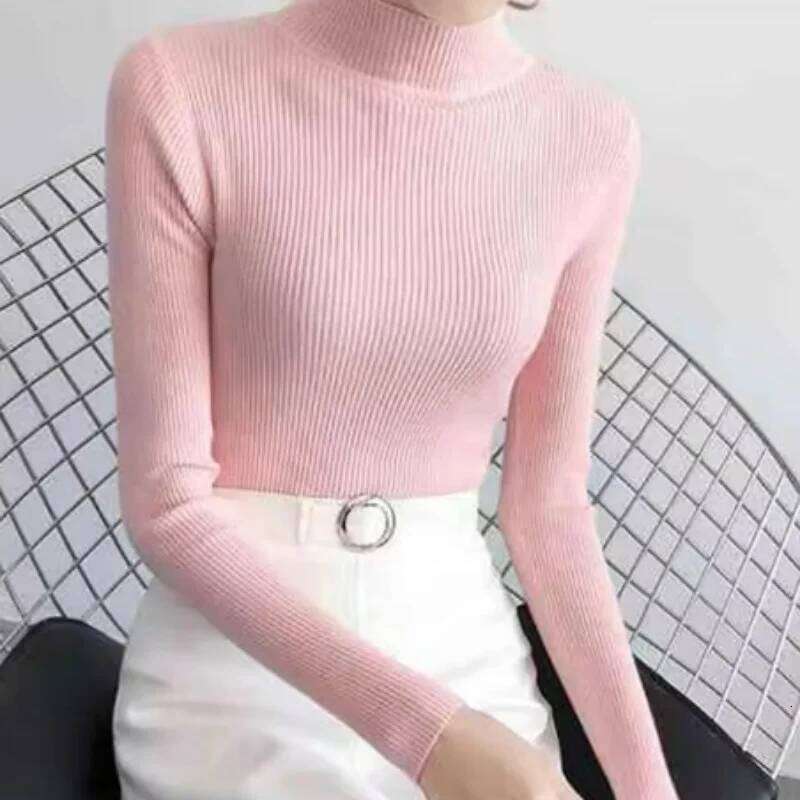 Autumn Winter Mock Neck Women Sweater Vintage Basic Solid Knitted Tops Casual Slim Pullover Korean Sweaters Simple Chic Jumpers Z260313