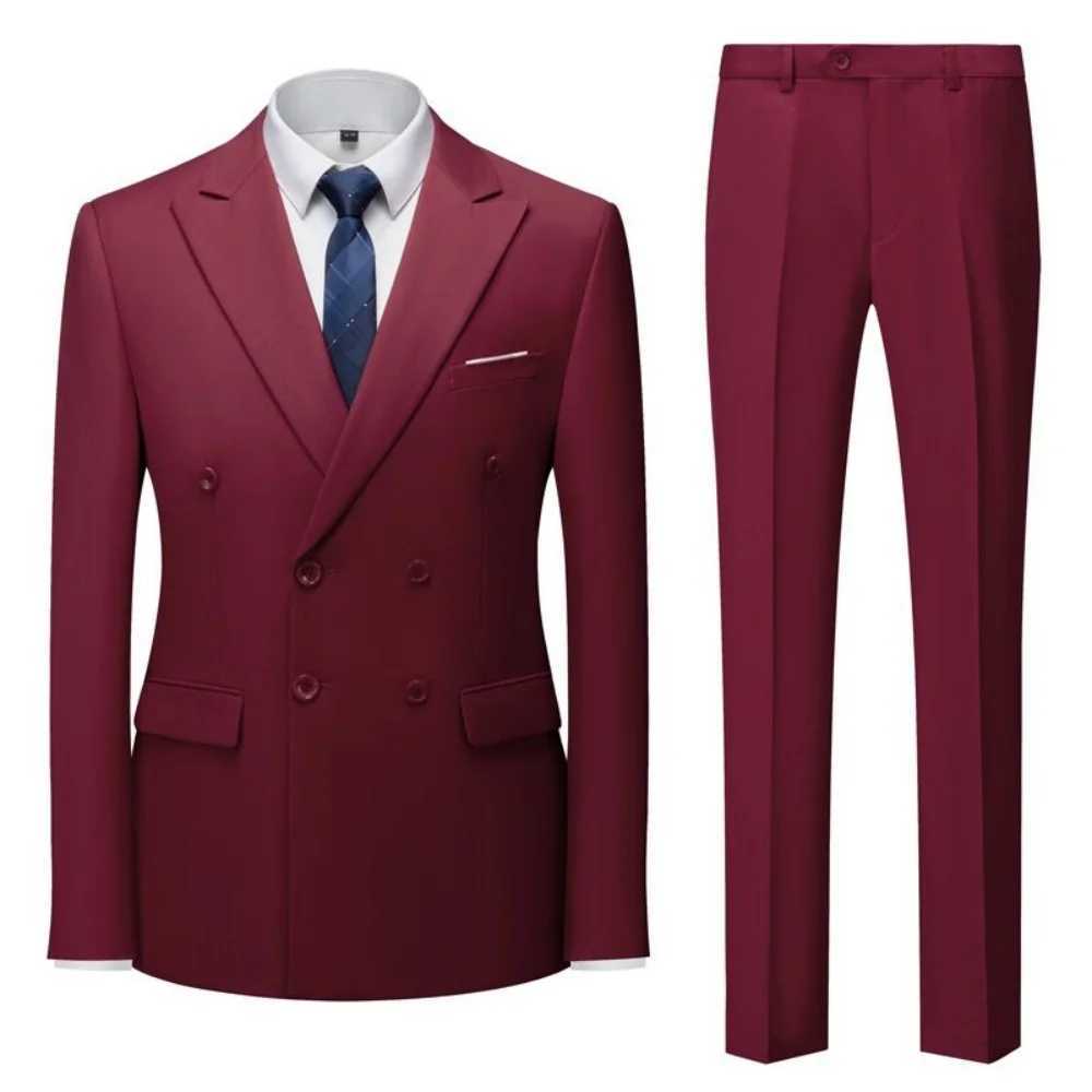Solid Man Double-breasted 2 Piece Suit with Peak Lapel for Men Wedding Business Casual Graduation Outfit Set a03 M260313