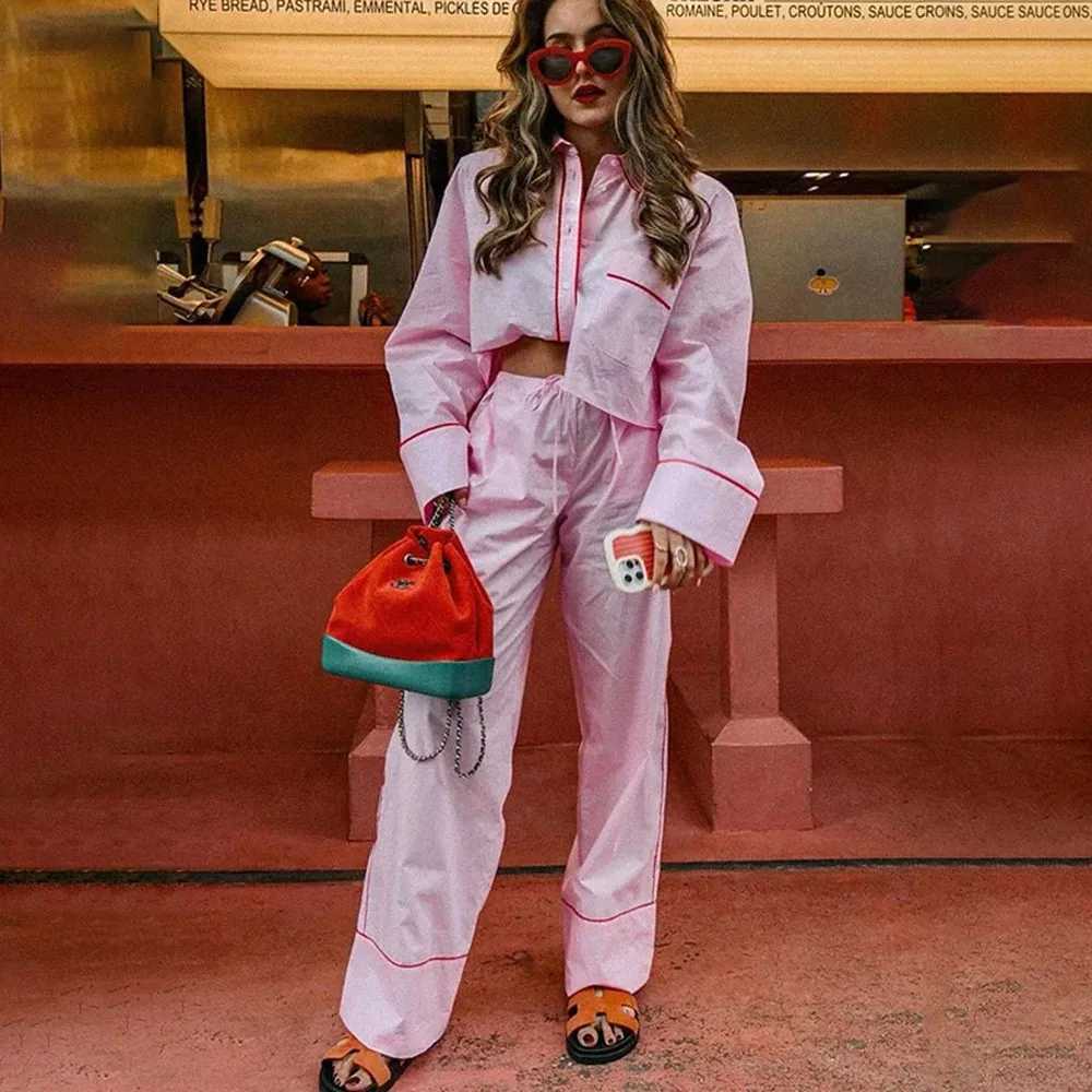 PRINTKAOIR Chic Patchwork Long Pant Sets For Women Lapel Long Sleeve Blouse Wide Leg Trousers 2 Pieces Sets Lady Streetwear M260313