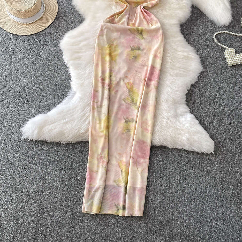 Women's sexy backless V-neck backless suspender 2026 summer mesh printed waist slimming long skirt