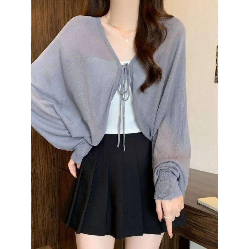 Thin Black Ice Silk Sun Protection Cardigan for Women Knitwear Summer Cover Up Large Size Lazy Sleeve Shawl Strap Outerwear Top Z260314