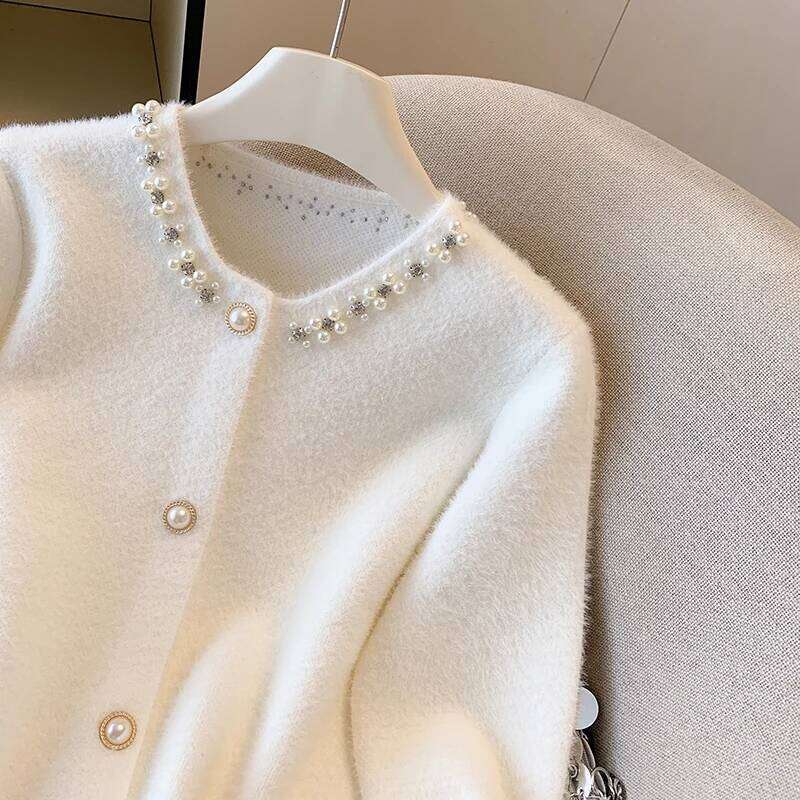 Women Knitted Cardigan Nail Bead Round Neck Long Sleeve Splicing Plush Design Autumn Winter New Style Western Sweater Coat Z260313