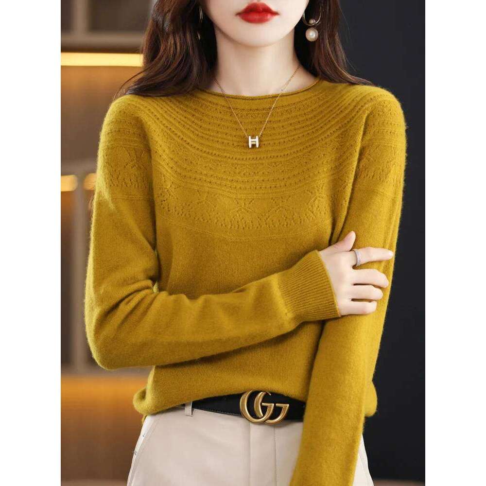 Women 100% Merino Wool Sweater Autumn Winter Pullovers O-Neck Hollow Cashmere Knitwear Female Basic Bottoming Clothing Tops Z260314