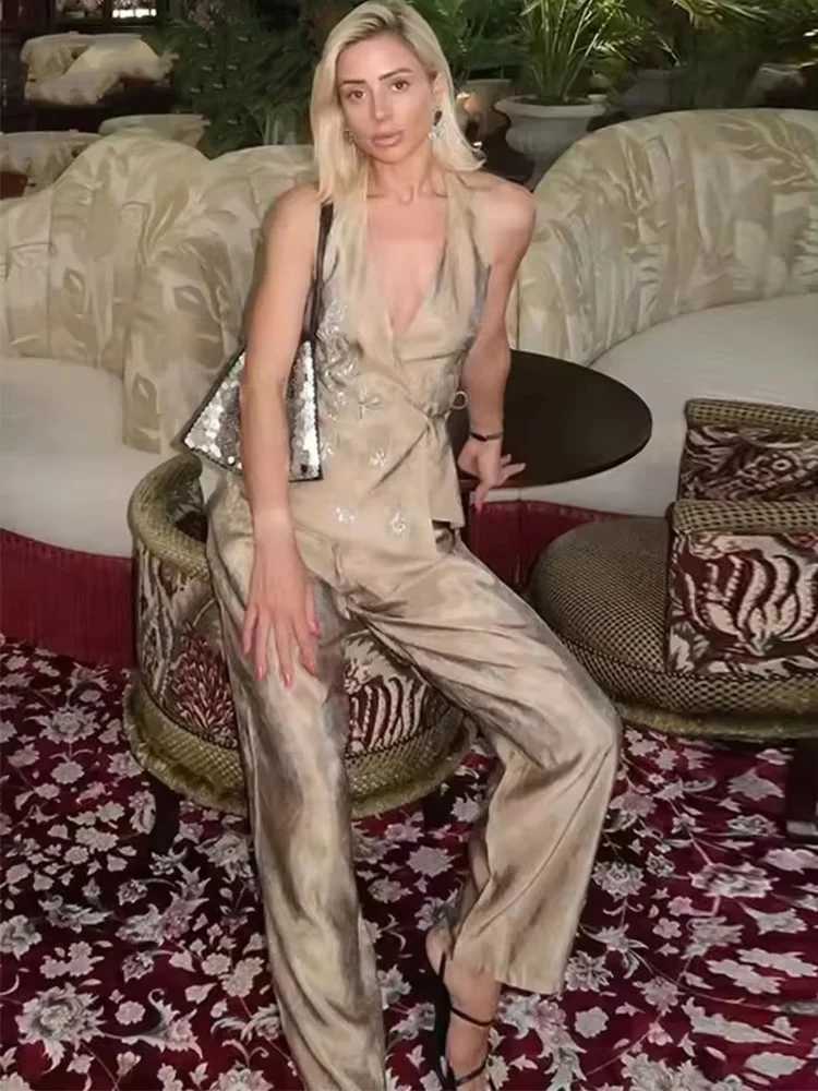 Chic Bead Embroidery Long Pants Set Women Lace Up Backless Sleeveless Tank Top Wide Leg Trousers Suits 2025 Woman Outfits M260313