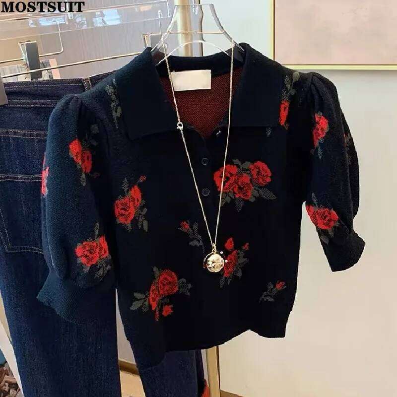 Black Rose Jacquard Sweater For Women Knit T-shirt Pullovers Elegant Vintage Ladies Tops Tees 2024 Summer Short Sleeve Knitwear Z260313