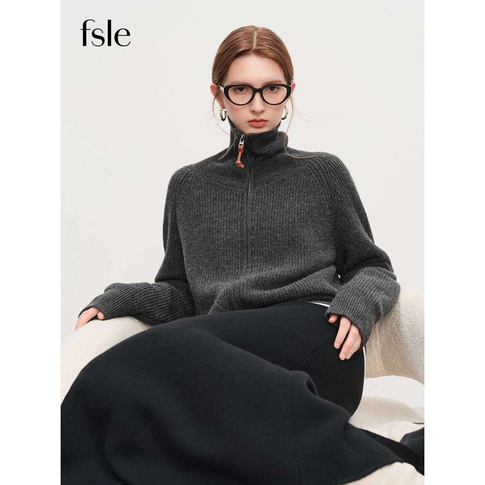 FSLE Autumn Sweater Women Loose Fit Wool Blend Knit Cardigan Fall Winter 2025 New Style Zipper Front Outerwear Top for Casual Z260313