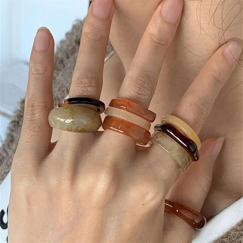 9-piece Bohemian retro style resin material multi-color ring, fashionable elegant for women, can be stacked and worn H260312