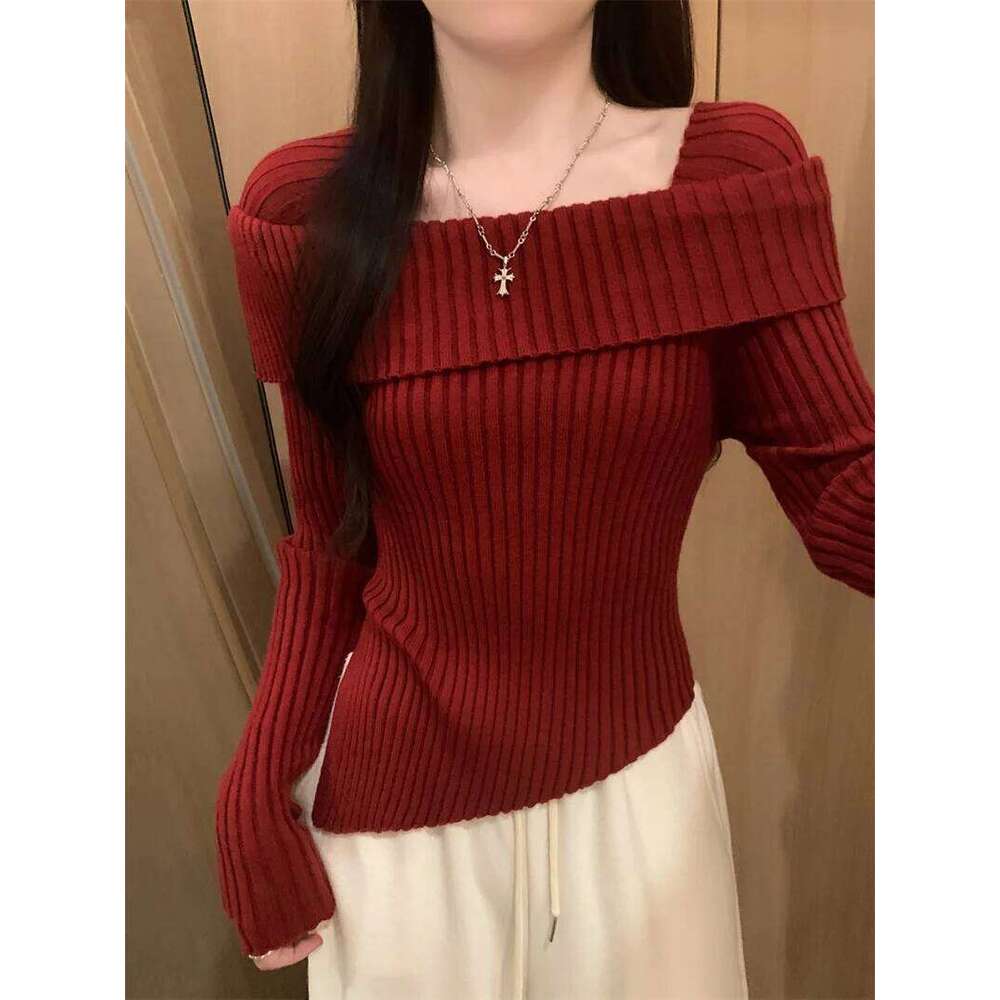 Off Shoulder Long Sleeve Ribbed Knit Sweater Fitted Pullovers Women Off-the-Shoulder Jumper Autumn Winter Outfit Z260313