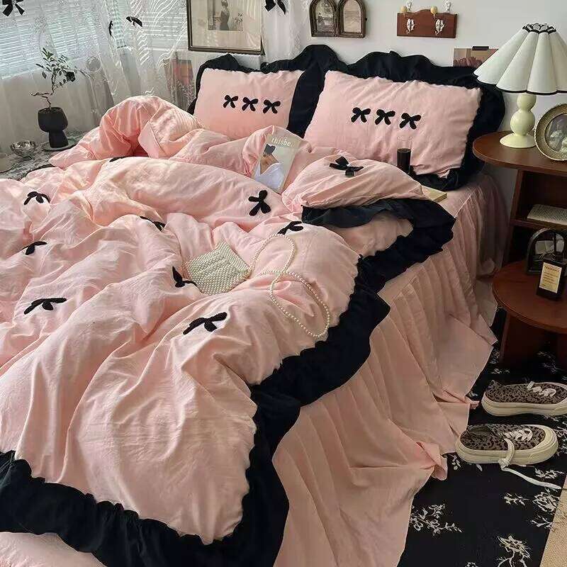 Ins Girl Bow Lace Washed Cotton Four-Piece Set Available For four Seasons Bed Skirt Bedding 4 Dormitory Three-piece set H260312 - view 5