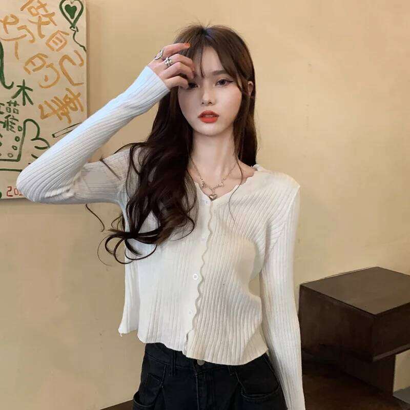 Women's Rib Knitted Crew Neck Cropped Cardigan Pastel Pink Purple Long Sleeve Fitted Short Sweater Jacket Fall Winter Y2K Outfit Z260314
