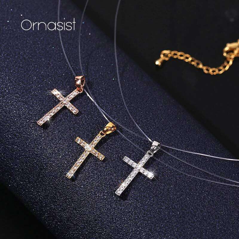 Classic Cross Pendant Necklace Simple Invisible Transparent Fishing line For Women Fashion Zircon Collier Choker Necklaces H260312