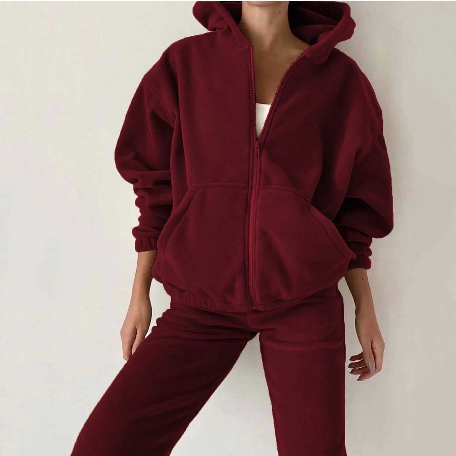 Autumn and winter new fashion sports casual hoodie zipper cardigan top pants set comfortable fleece 2 sets womens pants set M260313
