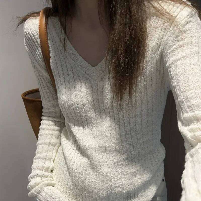Pullovers Women V-neck Knitted Tender Skin-friendly Slimming Sweater Basic Inner Solid Causal All-match Tops Korean Style Autumn Z260313