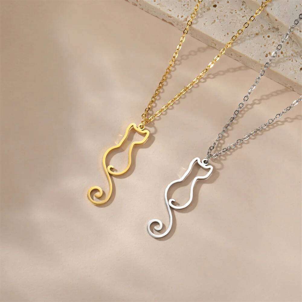 My Shape Cat and Fish Bones Pendant Necklaces for Women Girls Kitten Animals Charms Neck Chain Choker Stainless Steel Jewelry H260312