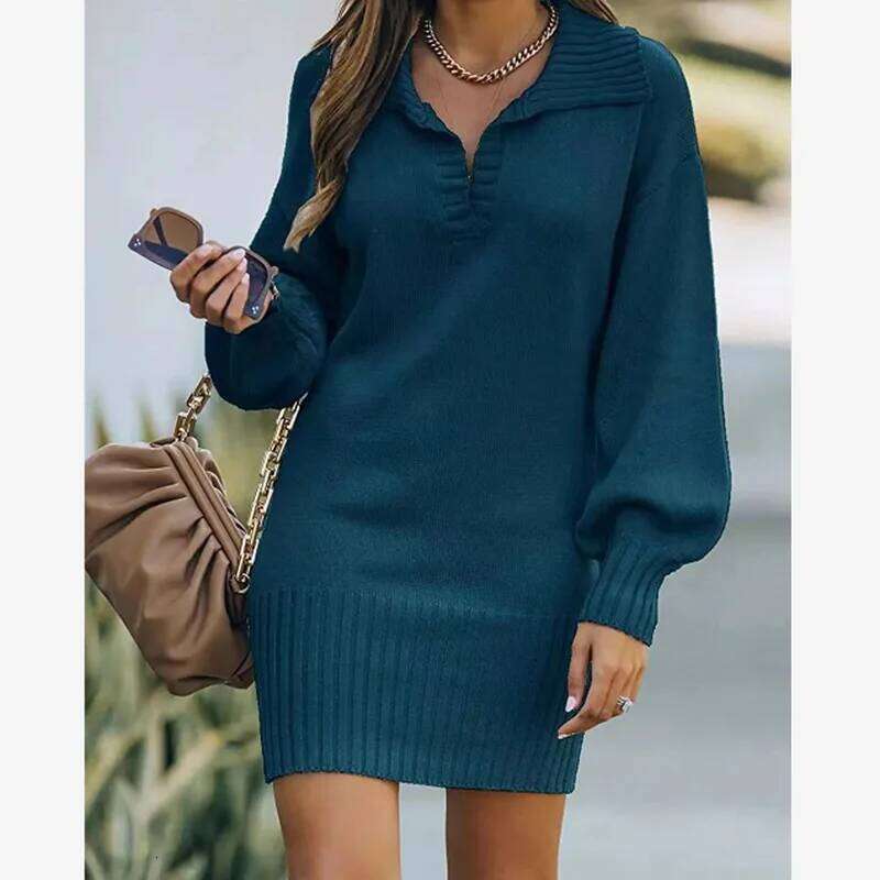 Autumn Winter Knitted Dress For Elegant Lapel Solid Lantern Sleeve Straight Dresses 2024 Fashion New Women Clothing Z260314