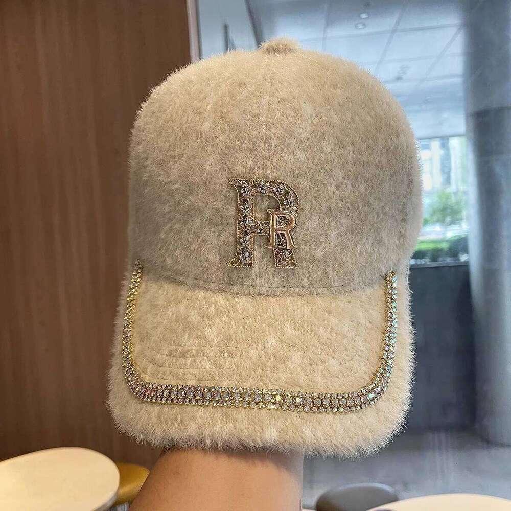 Rhinestone Alphabet Baseball Children Autumn and Winter Warm Hat Korean Version Fashion Versatile Mink Hair Cap Ins Z260313
