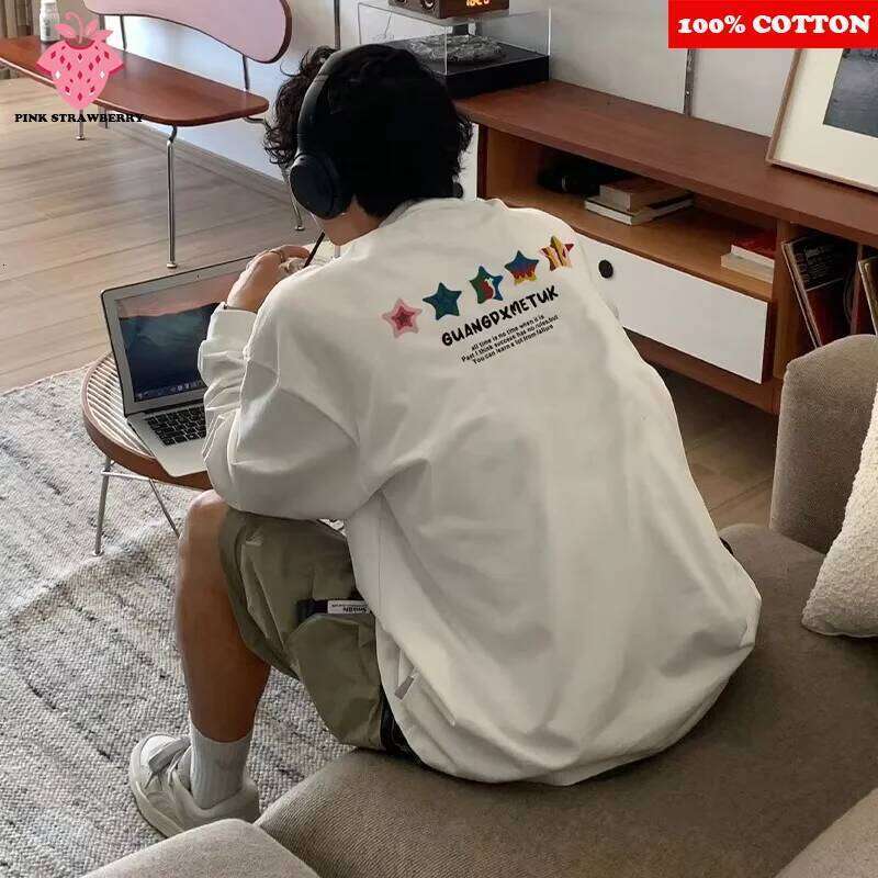 American Red Star Letter Print T-shirt Men's Autumn 2025 New 100% Cotton Round neck Long sleeved Tee Loose Y2k Top men clothing Z260314