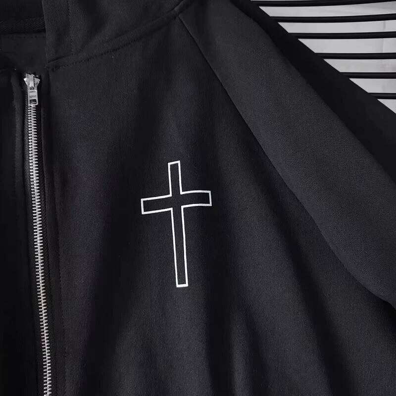 Black Zipper Cardigan Cross Logo Hoodie Jacket Men Women Best Quality Oversized Back Full Text Print Sweatshirts Y2k Z260315