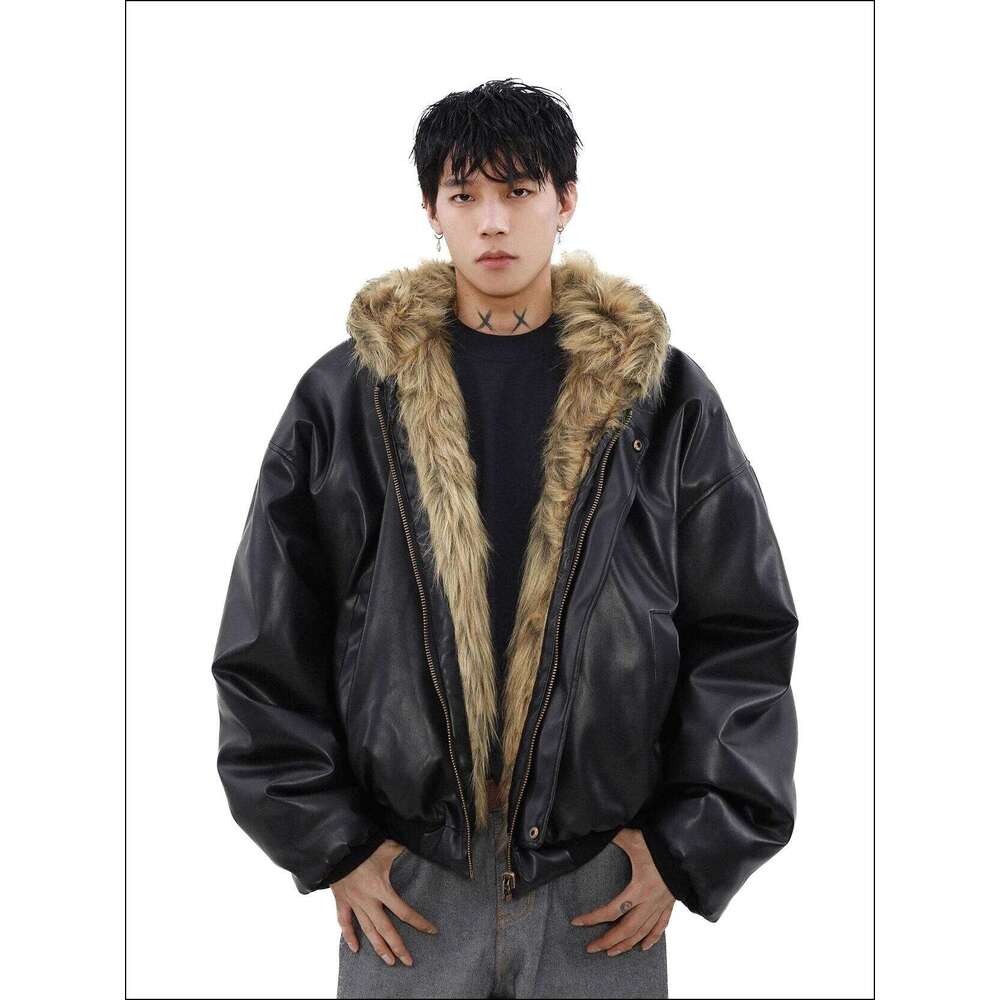 Double Sided Wearable Winter Warm Jackets Pu Coat Sportswear Cotton Streetwear Couples Fur Collar Hooded Motorcycle Mens Jacket Z260313