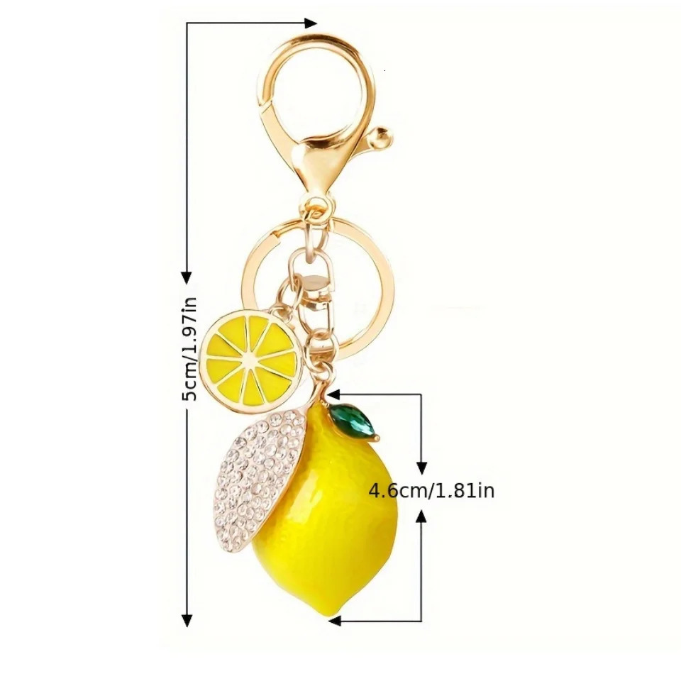 Summer Style Decorative Alloy Rhinestone Lemon Keychain with Lobster Clasp Fruit Key Ring Bag Car Decoration 260311
