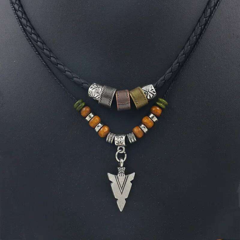 Stacked Artificial Leather Rope Beaded Vintage Layered Tribal Arrow Pendant Necklace For Men Jewelry Collar Hombre H260312