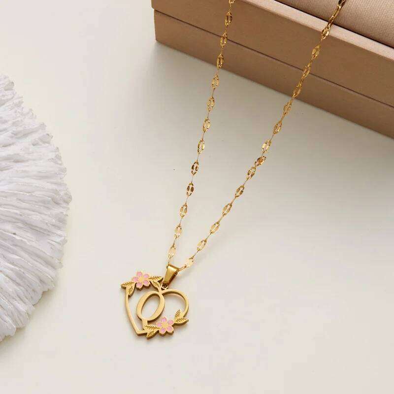 Stainless Steel Heart A-Z Letter Lady r Necklace Flower Pendant Initials Fashion Jewelry Valentine's Day Gift H260312