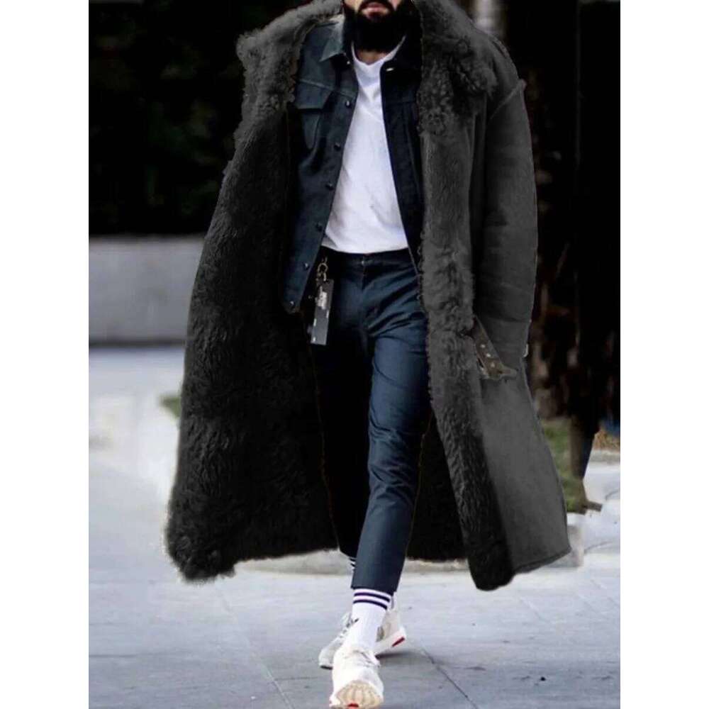 Men's Autumn Winter Thick Coat Faux Fur Jacket Solid Color Long Sleeve Button Turndown Collar Warm Casual Fashion Overcoat Z260313