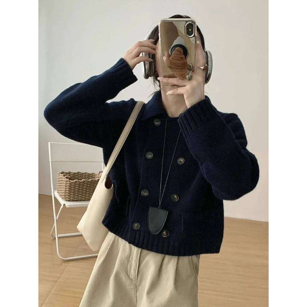 Double-Row Button Solid Color Turndown Collar Cardigan Women's Autumn Winter New Style Korean Outerwear Long Sleeve Warm Sweater Z260313
