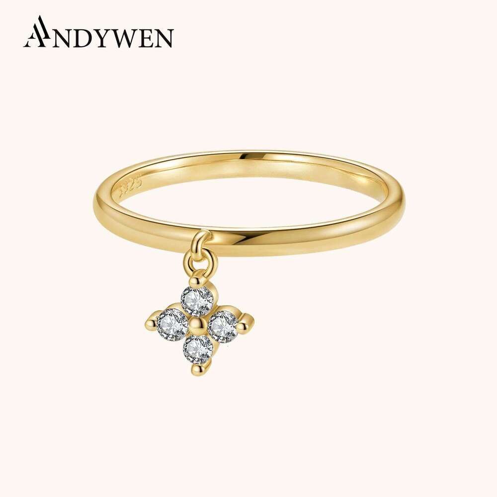 ANDYWEN 925 Sterling Silver Delicate Moving Four Leaf CZ Zircon Pendant Ring Minimalist Luck Charm Daily Women Jewelry Gift H260312