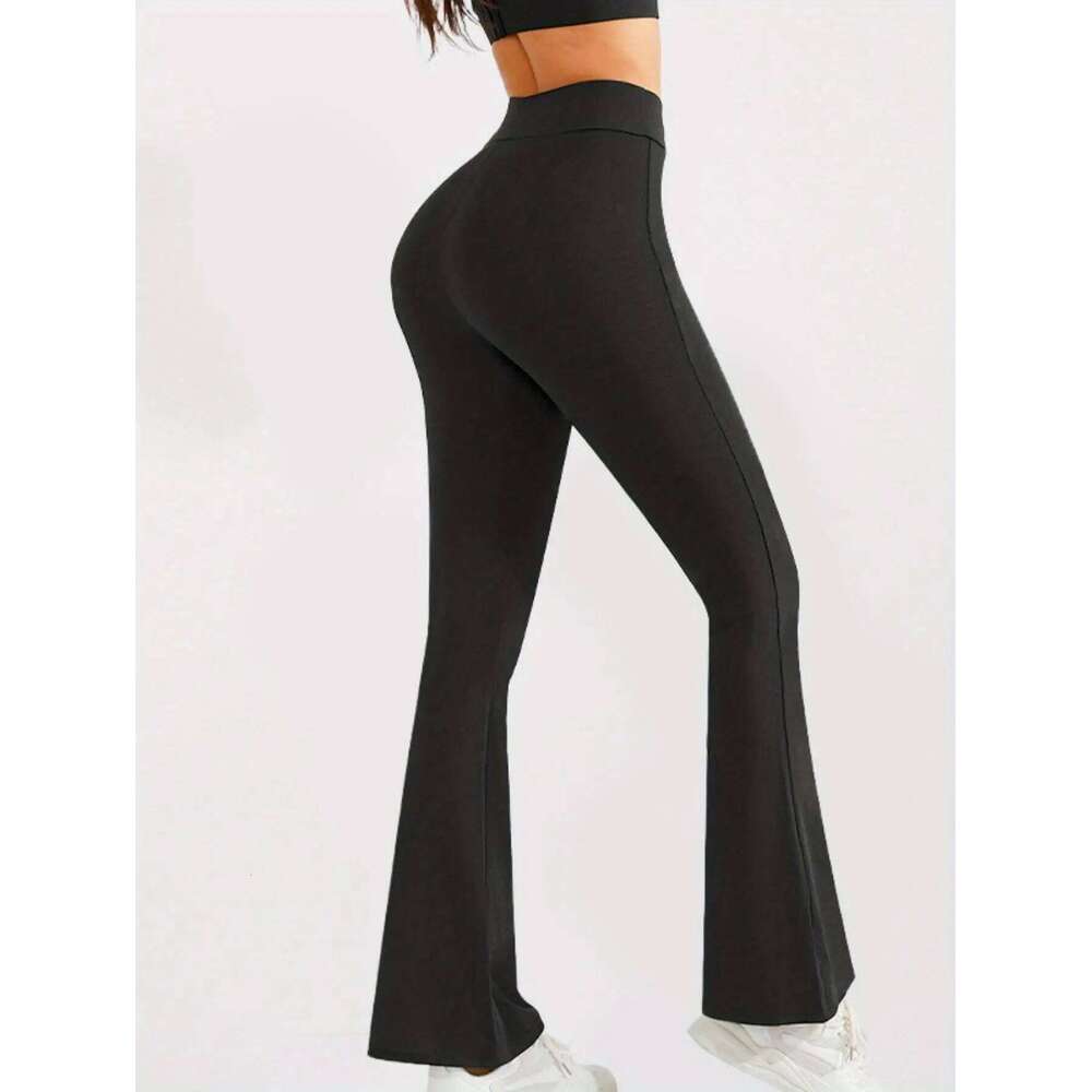 Women's High-Waisted Fleece-Lined Flare Leg Pants - Solid Color Quick-Dry Knit Trousers with Side Pockets, High Stretch