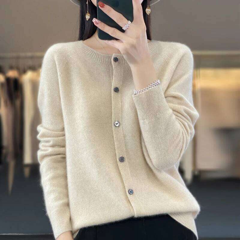 Women Cardigan Knitwear 100% Merino Wool Sweater O-neck Autumn Winter Clothes Female Long Sleeve Casual Classy Basic Soft Tops Z260314