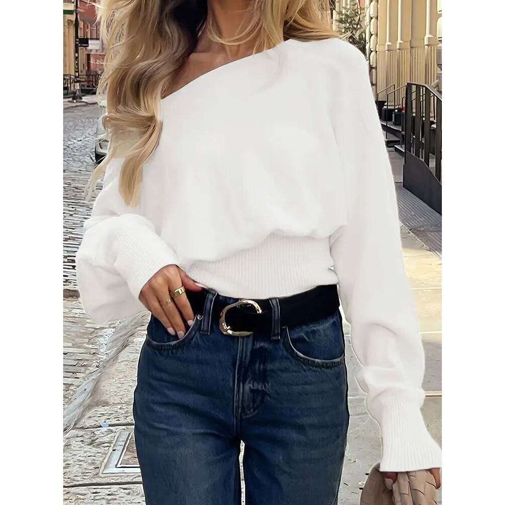 Autumn Winter New Solid Off-Shoulder Sweater Slash Neck Long Sleeve Knitted Pullovers Fashionable Commuting Versatile Short Top Z260313