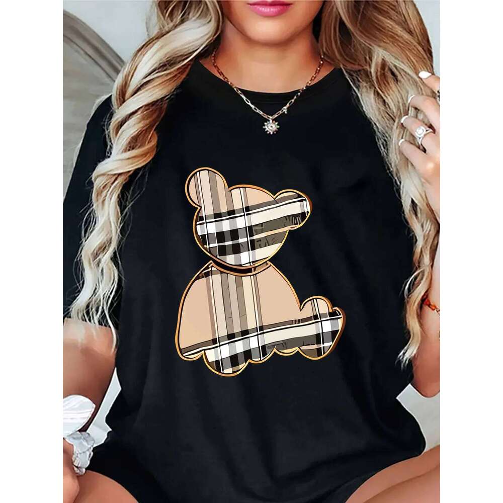 Women's Sporty Casual Striped Bear Print T-Shirt - Breathable Moisture-Wicking Lightweight Soft Round Neck Short Sleeve Top Z260314