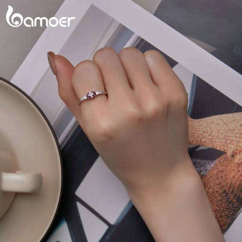 BAMOER 925 Sterling Silver Oval Gemstone for Women Green Pink Zirconium Prongs Setting Ring Wedding Bridal Jewelry Gift H260312