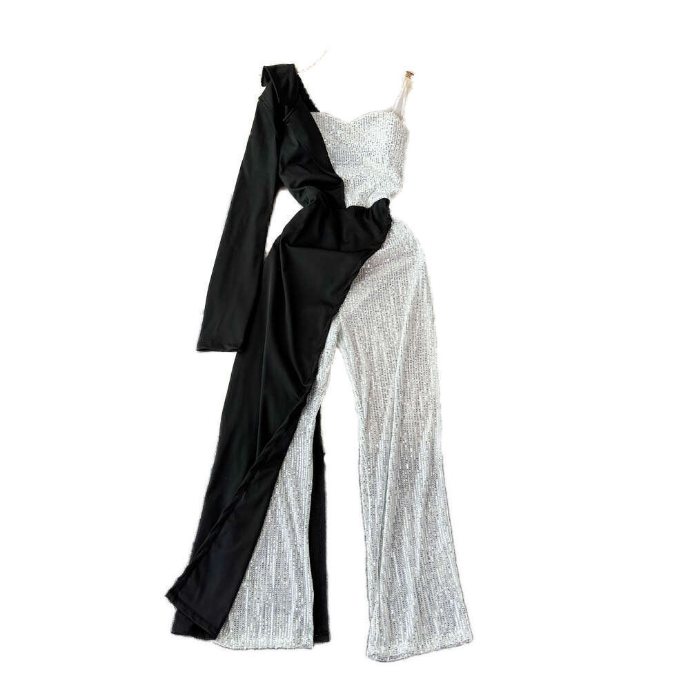 Socialite high-end elegant women's jumpsuit fashionable niche light luxury off shoulder lace up long sleeved sequin splicing