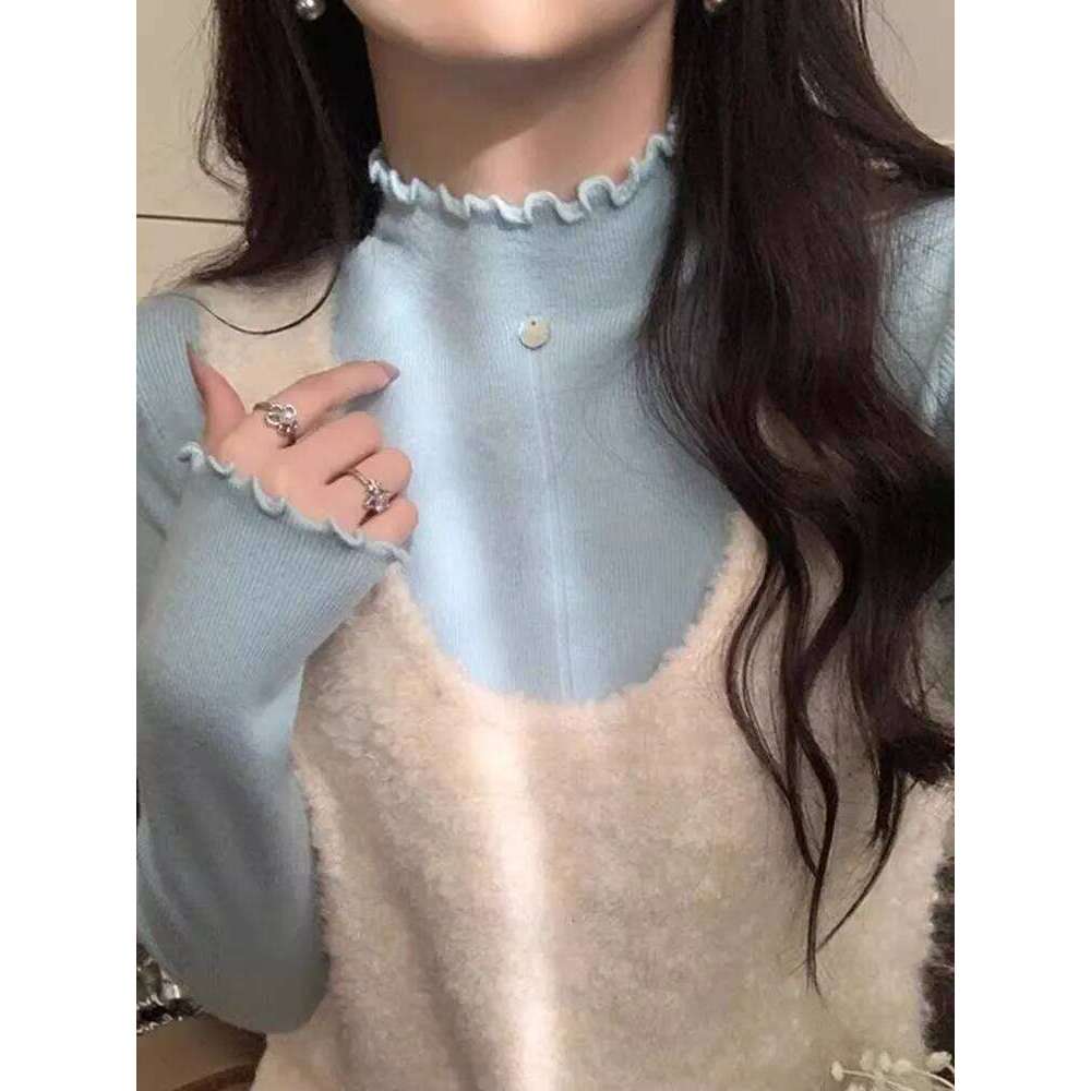 Women Soft Warm Pullover 2026 Spring Autumn Ruched Turtleneck Sweaters Slim Versatile Tops Knitted Sweater Solid Base Layer Top Z260313