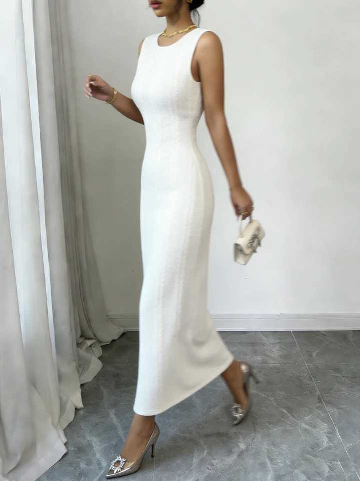 Maxi Dress Spring Summer Women White Sleeveless Textured Knit Bodycon Elegant Chic Romantic Date Party Vacation DressT260316