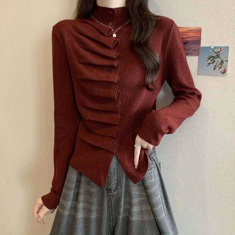 Women's Clothing Ruched Unique Slim Sweaters Autumn/Winter Long Sleeve Knit Temperament Pullover Lady Half High Collar Y2K Tops Z260313