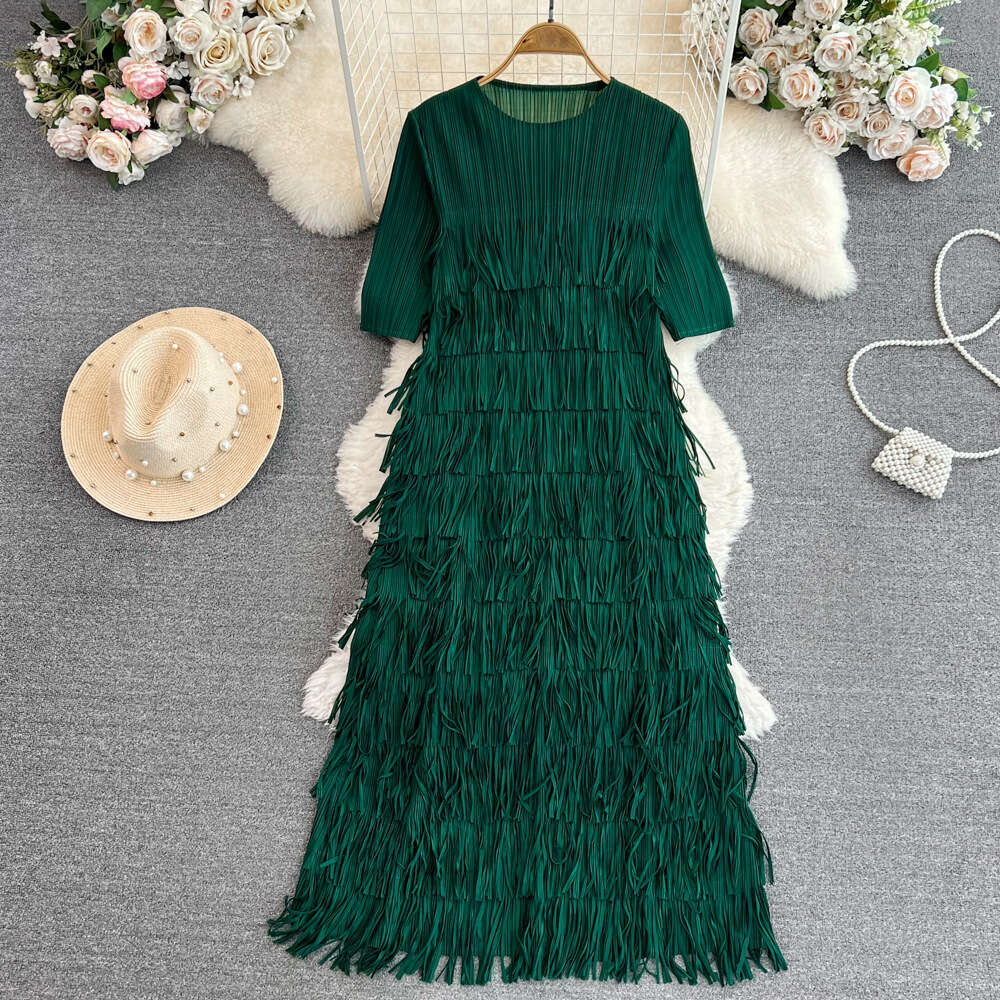 2026 Designer Fashion pleated short sleeved round neck A12 loose A-line ribbon dress elegant long sleeved