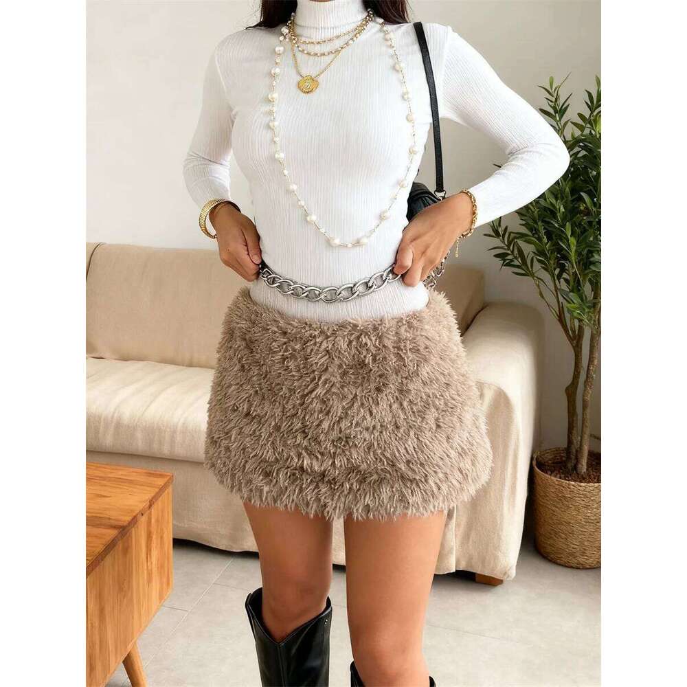 Women's Plush Furry Retro Skirts Low Waist Bodycon Mini Skirt for Party Club Chic Streetwear Z260314