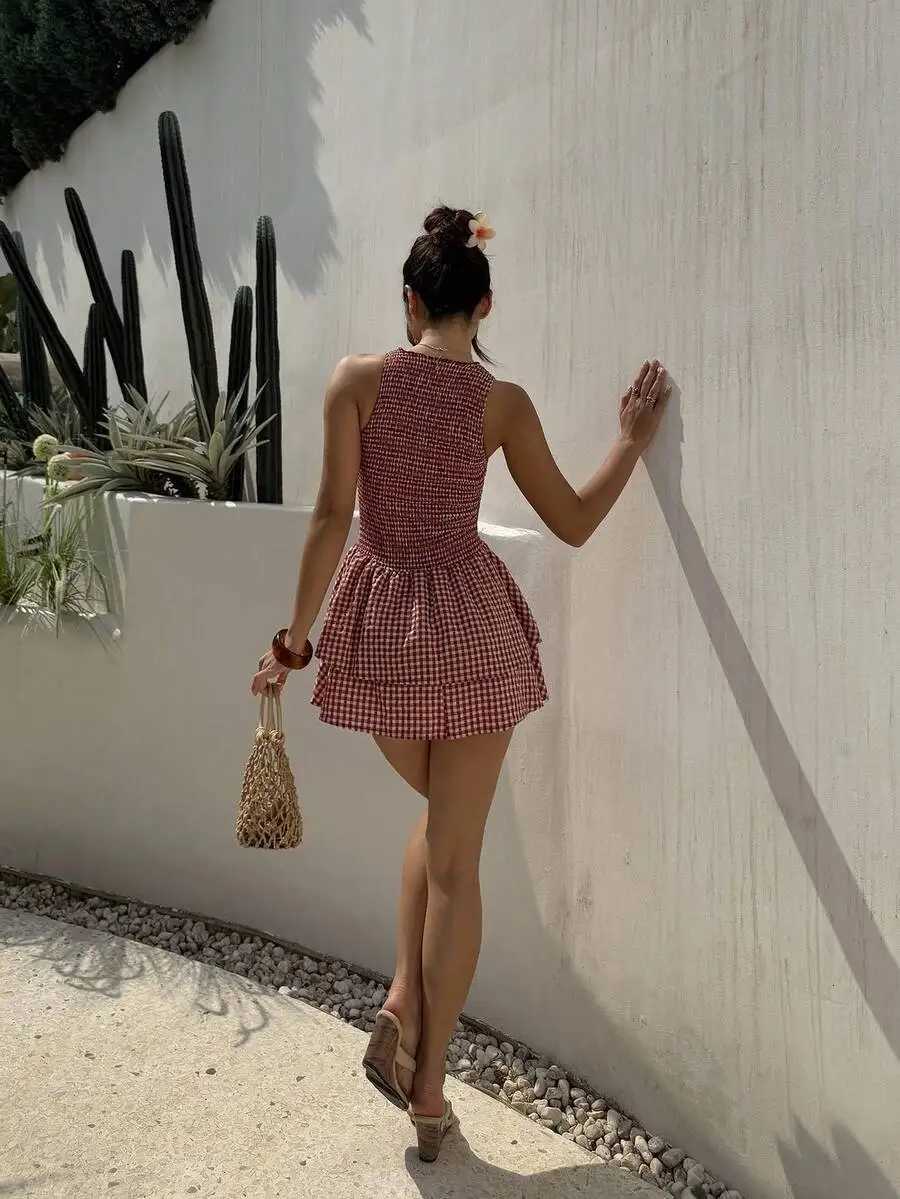 Red Plaid Sleeveless Slim-Fit Belted Mini Dress Sweet French Style For Summer VacationT260314