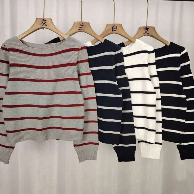 Korean Red Stripe Pullover Sweater Women Autumn Winter New Style Fashion High Grade Sense Knit Off Shoulder Top Z260313
