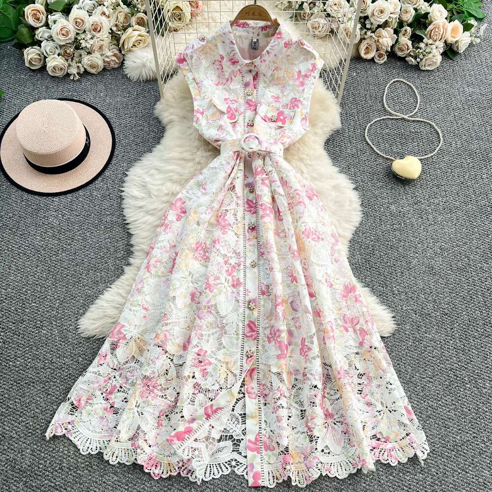 2026 designer's elegant and exquisite water-soluble lace printed women's lapel dress with a brand new single A14 breasted button