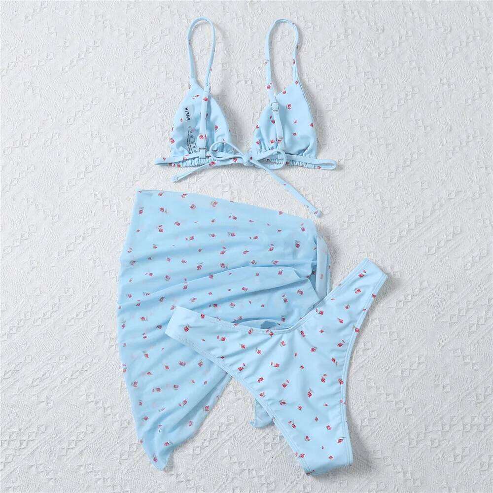 Yellow Floral Print Swimwear Mesh Cove Ups 3 Piece Bikini Set Damen Sexy Swimsuit Women 2026 Beach Bikinis Swimming Wear Y260303